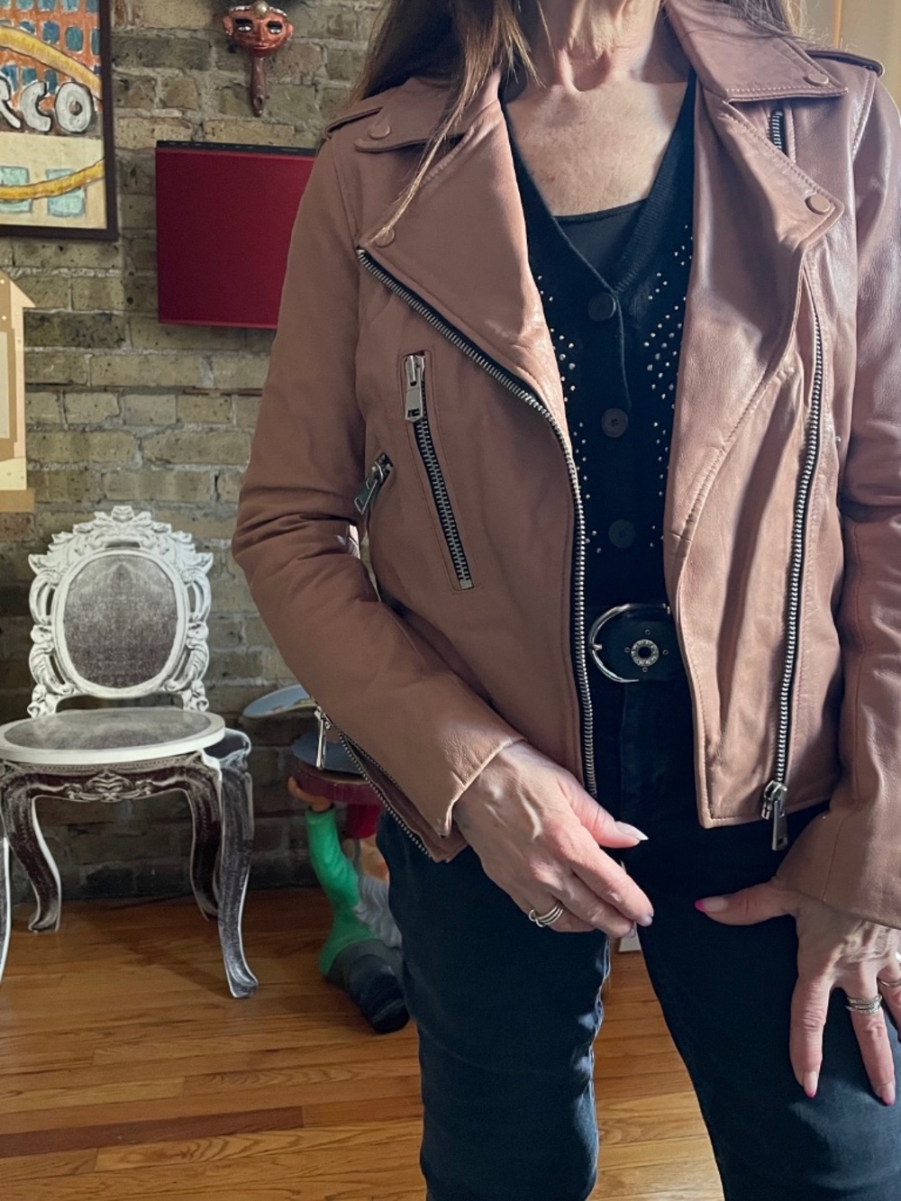REISS Leather Jacket Moto Neutral Pink Color Small orig $650
